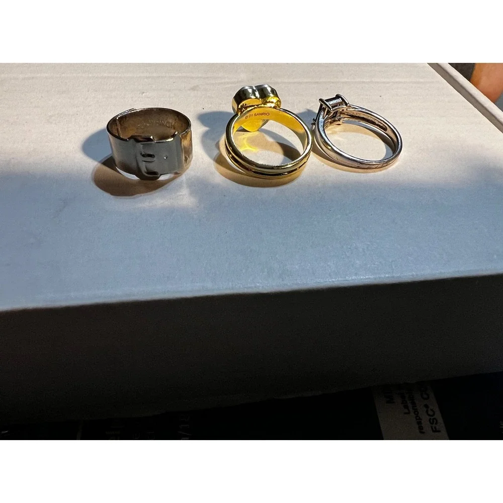 3pc Ring Set Size 5 Silver Gold Heart Buckle Black Stone Y2K Eclectic